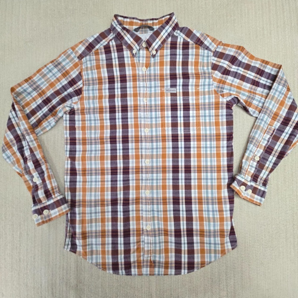 Columbia Rapid Rivers II Shirt Mens Medium Brown White Plaid Long Sleeve Outdoor
